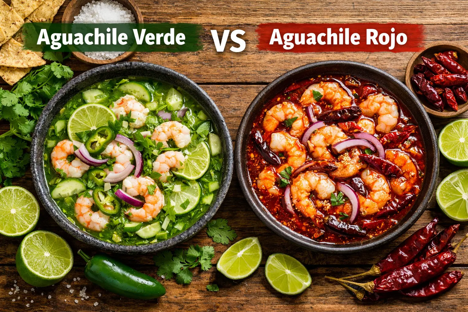 Comparación de aguachile verde y rojo con camarones, limón y chiles sobre mesa rústica