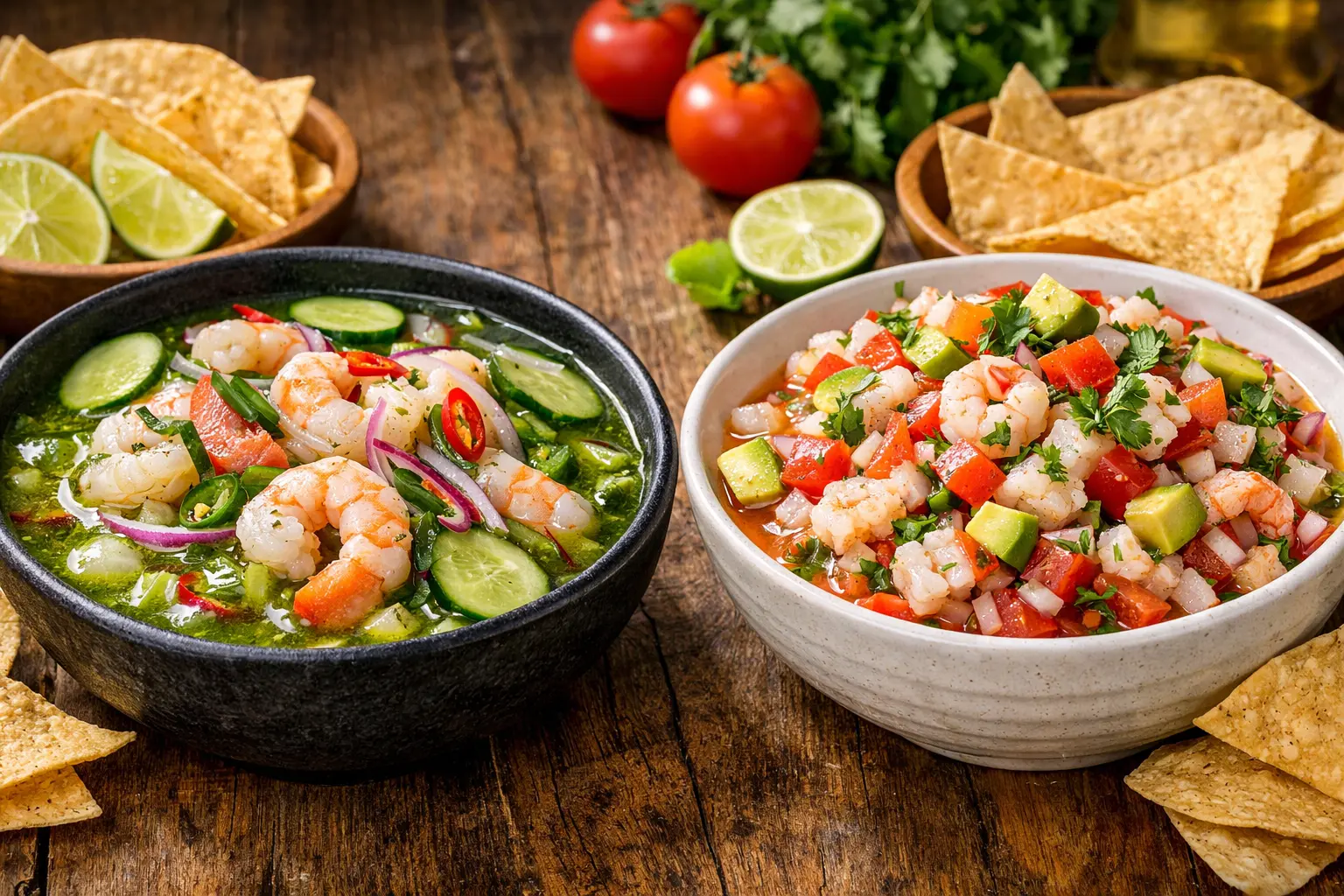 Aguachile verde con camarón y ceviche mexicano con tomate, aguacate y limón servidos en mesa rústica, comparación de platillos marinos