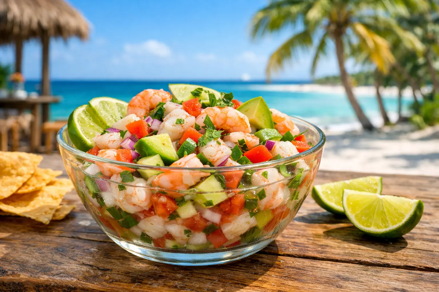 Ceviche mexicano fresco con camarón, pescado y aguacate servido frente al mar en Cancún