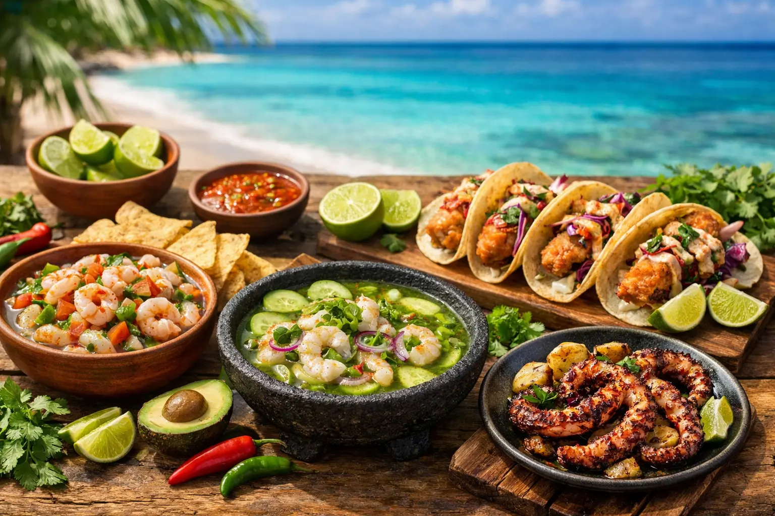 Variedad de mariscos en Cancún con ceviche de camarón, aguachile verde, tacos de pescado y pulpo a la parrilla frente al mar Caribe