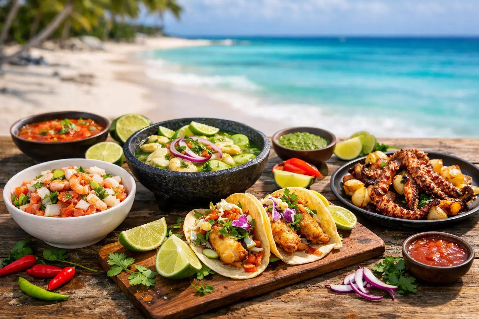 Mariscos en Cancún con ceviche, aguachile, tacos de pescado y pulpo frente al mar Caribe