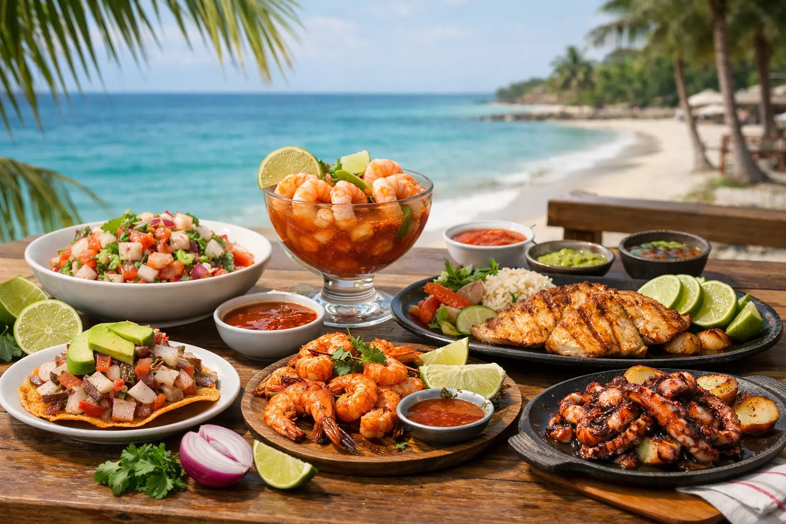 Mariscos frescos en Cancún con ceviche, camarones, pulpo y pescado en restaurante frente al mar