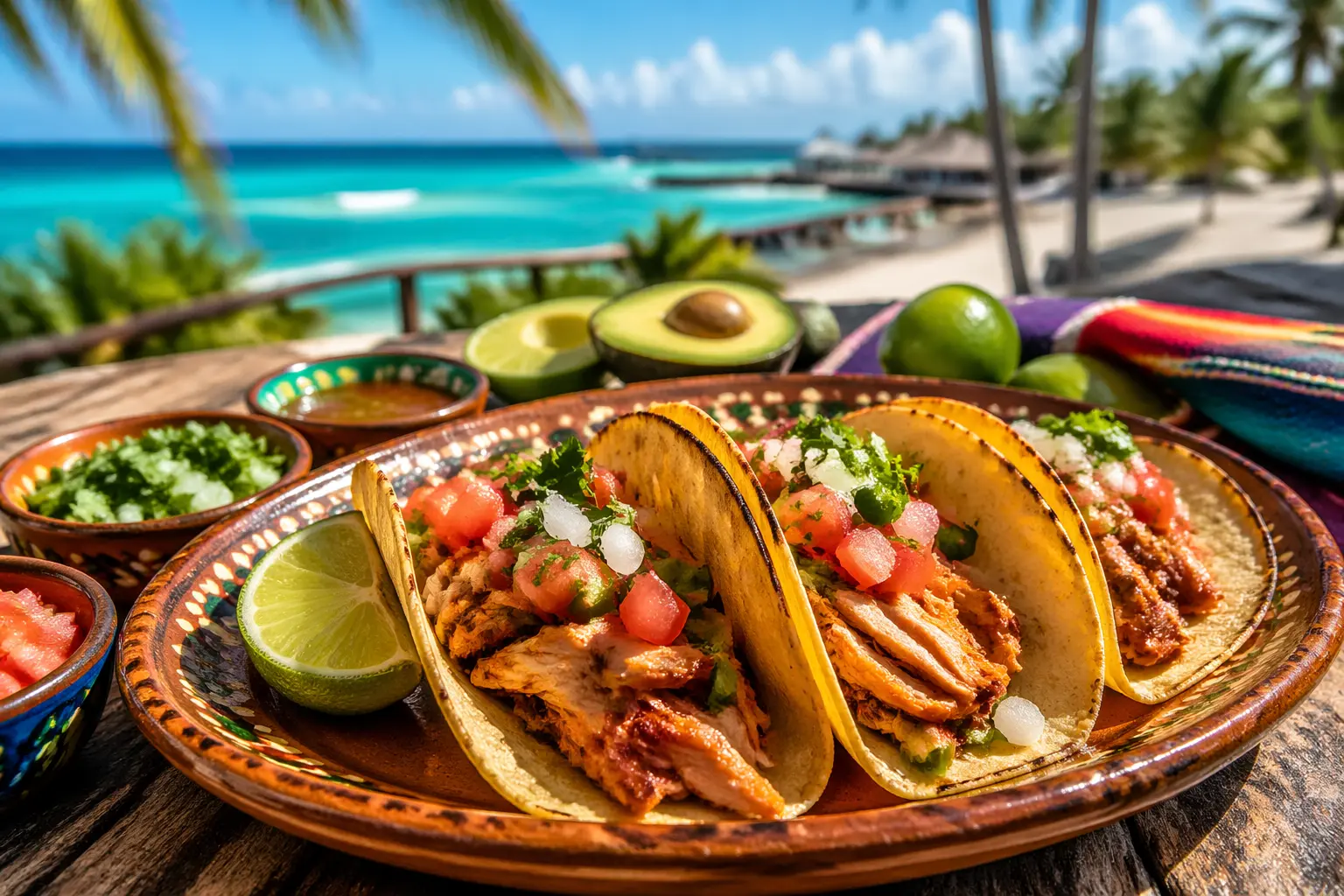 Tacos de marlín en Cancún con marlín ahumado, verduras frescas y vista al mar Caribe