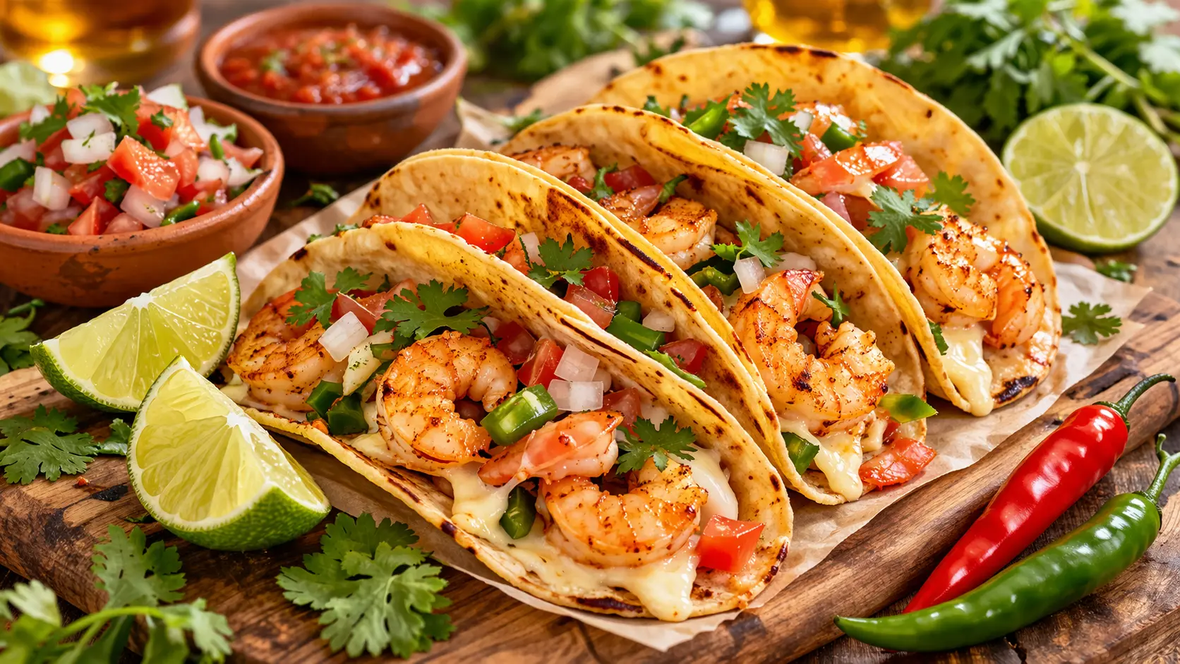 Tacos gobernador de camarón con queso derretido en tortilla dorada